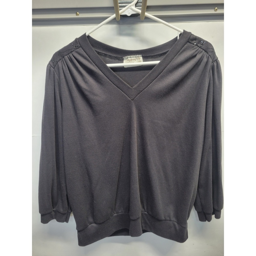 Vtg Stepping Up Black V Neck 3/4 Sleeve Sweatshirt Embellished Shoulders Size 40